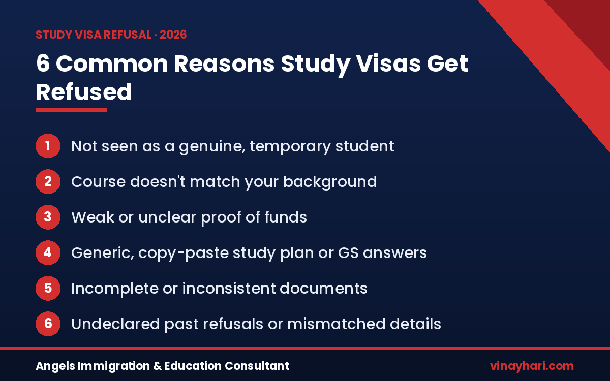 Six common reasons for a study visa refusal infographic