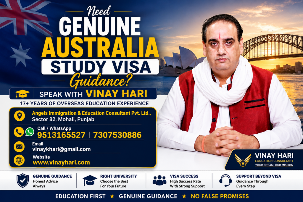 Vinay Hari, Australia study visa consultant, offering genuine guidance for international students with contact details, office address, phone numbers, email and website.