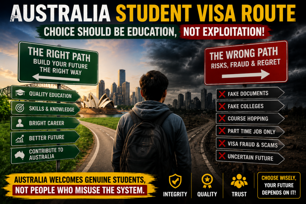 Australia student visa route showing the difference between genuine education and visa misuse, including fraud, fake colleges, course hopping and Australia's focus on quality international students.