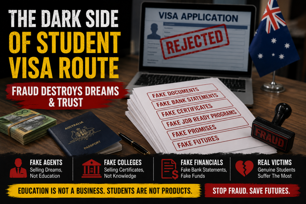 Illustration showing how fake documents, fake colleges, visa fraud and unethical recruitment practices have affected Australia's student visa system and genuine international students.