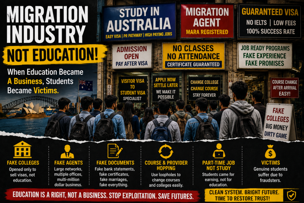 Illustration showing how Australia's student visa system was misused through fake colleges, unethical migration agents, fake documents, course hopping and recruitment focused on migration instead of education.